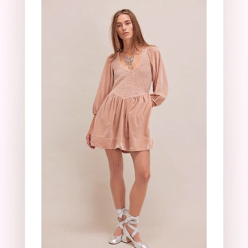 Free People Farrier Velvet Mini Dress in Pink size S new long sleeve - Picture 2 of 9